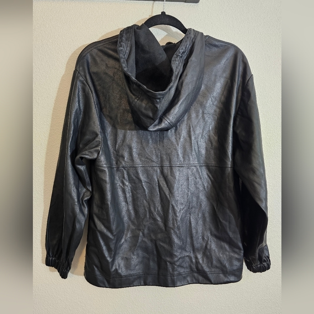 Topshop Hoodie Black Faux Leather 3-Snaps Pullover Pocket Drawcord - Picture 4 of 9